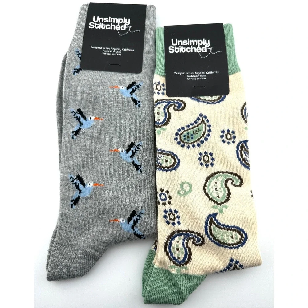 UNSIMPLY STITCHED 2-Pairs Socks Grey Blue Bird‎ & Khaki Paisley NEW